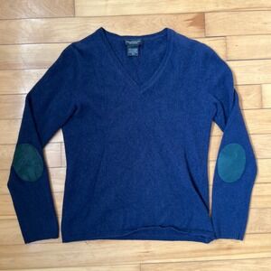 Lord & Taylor Cashmere V-Neck Sweater Navy Blue Elbow Patches Mens Size Medium